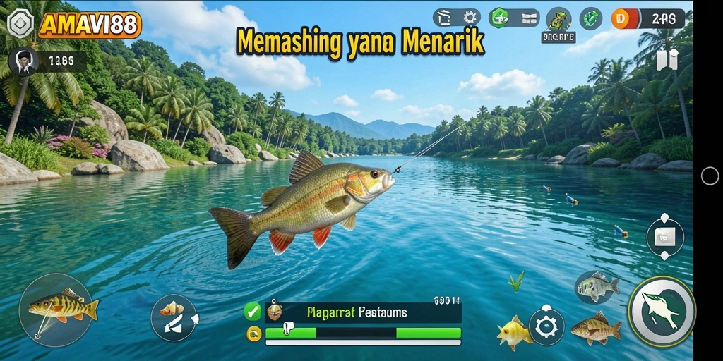 Screenshot gameplay AMAVI88 menampilkan suasana memancing yang mendebarkan.