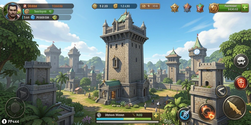 Tangkapan layar menunjukkan aksi gameplay Tower Defense yang intens.