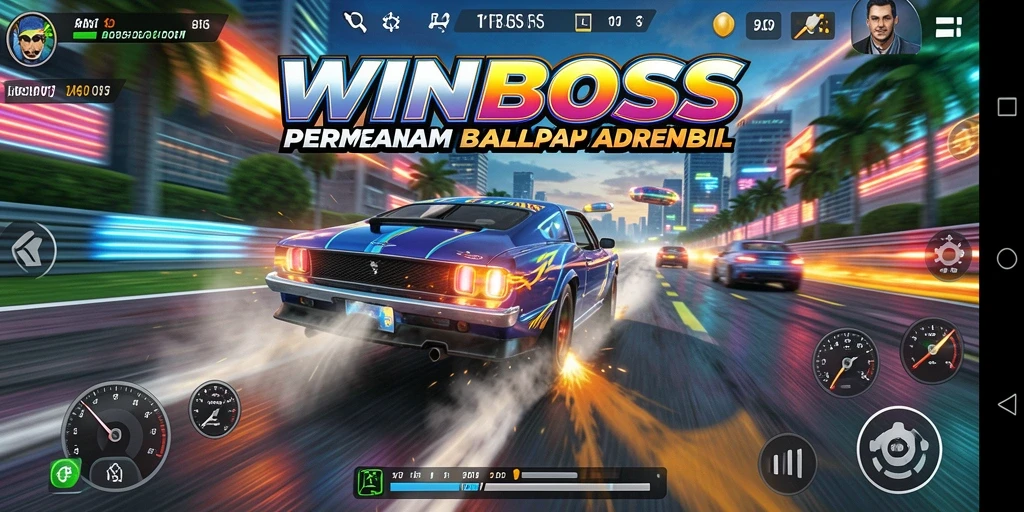 Screenshot gameplay WINBOSS yang menunjukkan aksi balap yang mendebarkan.